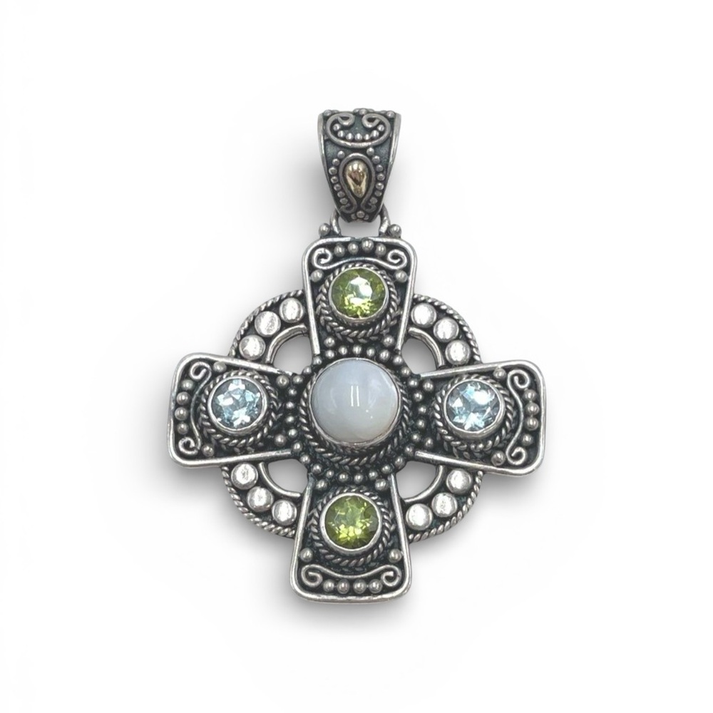 Intricate Silver Necklace with Green and Blue Accents